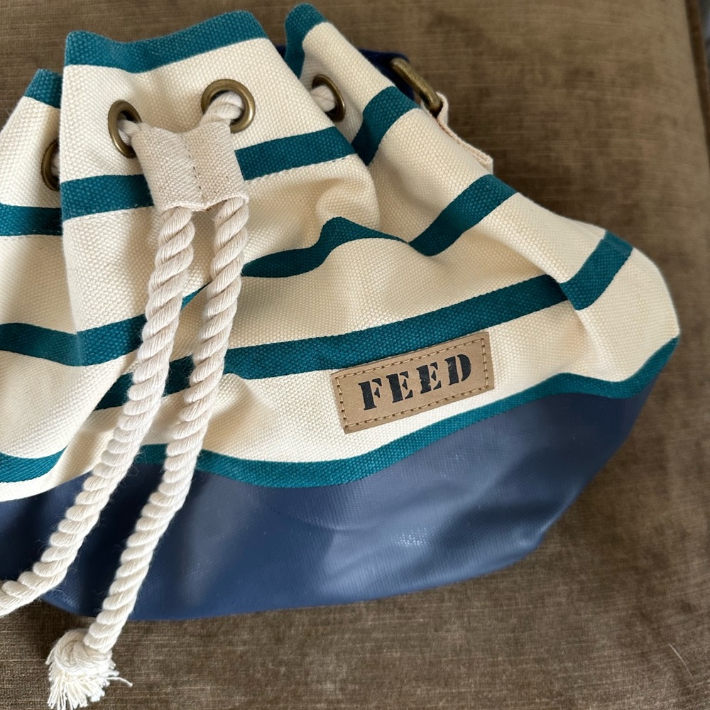 FEED Rare Coastal Blue & White Bucket Bag with Nautical Stripes
